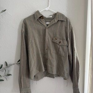 Cropped Orvis Olive, Cream and Brown Houndstooth Cotton Shirt
